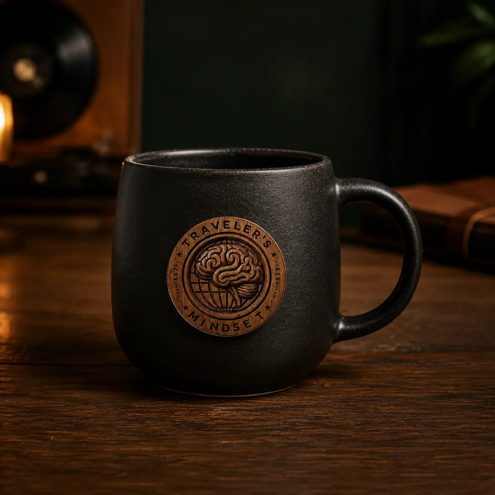 Black stoneware Traveler’s Mindset mug on a walnut table beside a vinyl record