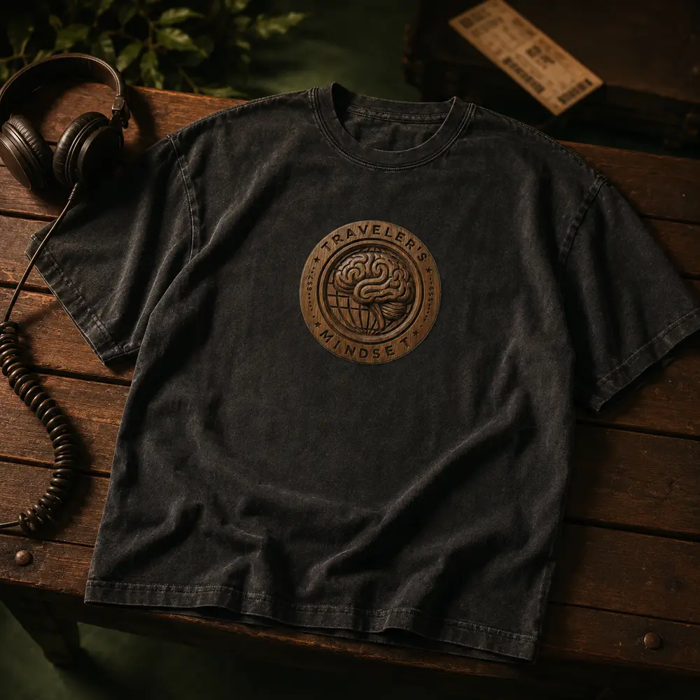 Washed black Traveler’s Mindset T-shirt beside wooden headphones