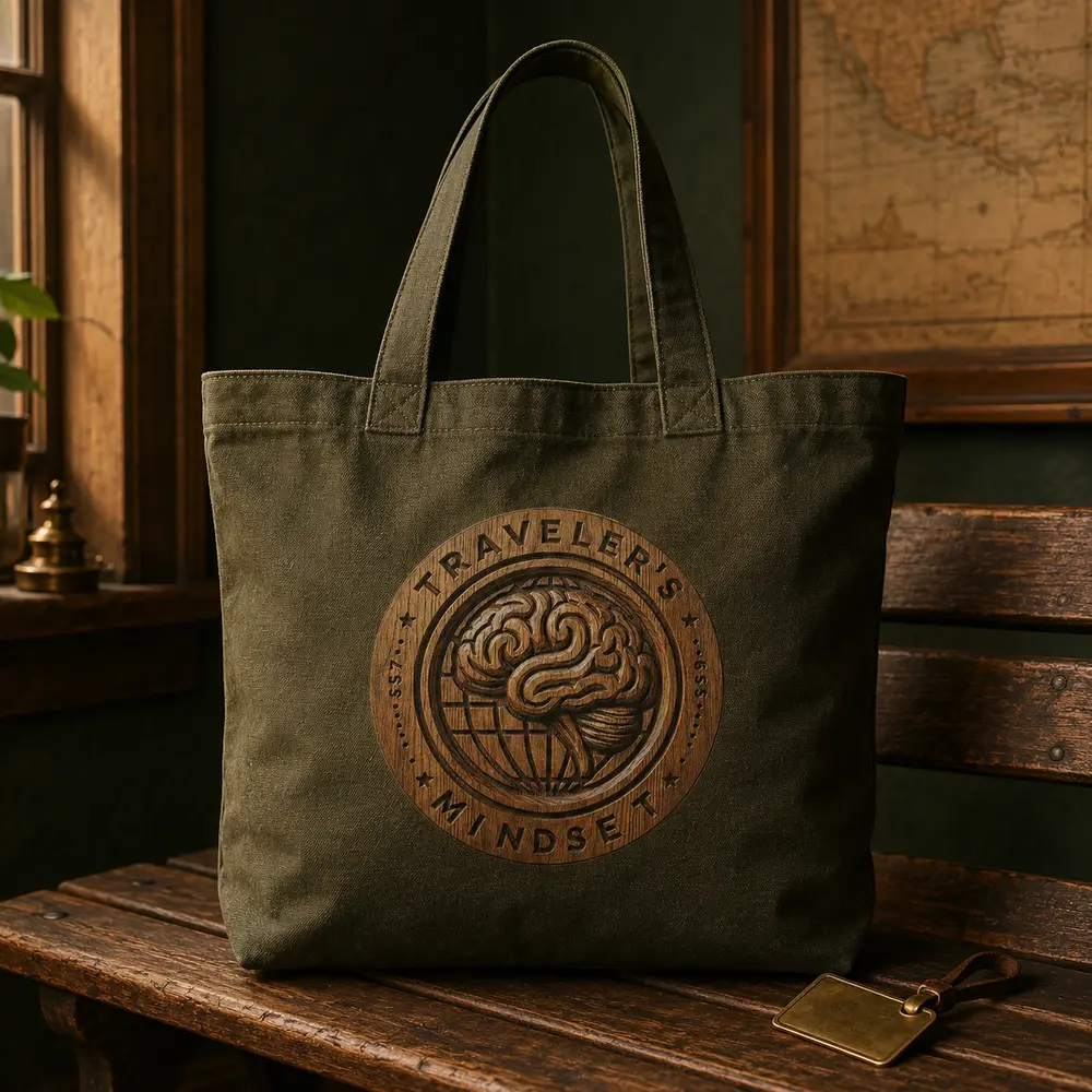 Olive Traveler’s Mindset canvas tote on a train seat with a folded map