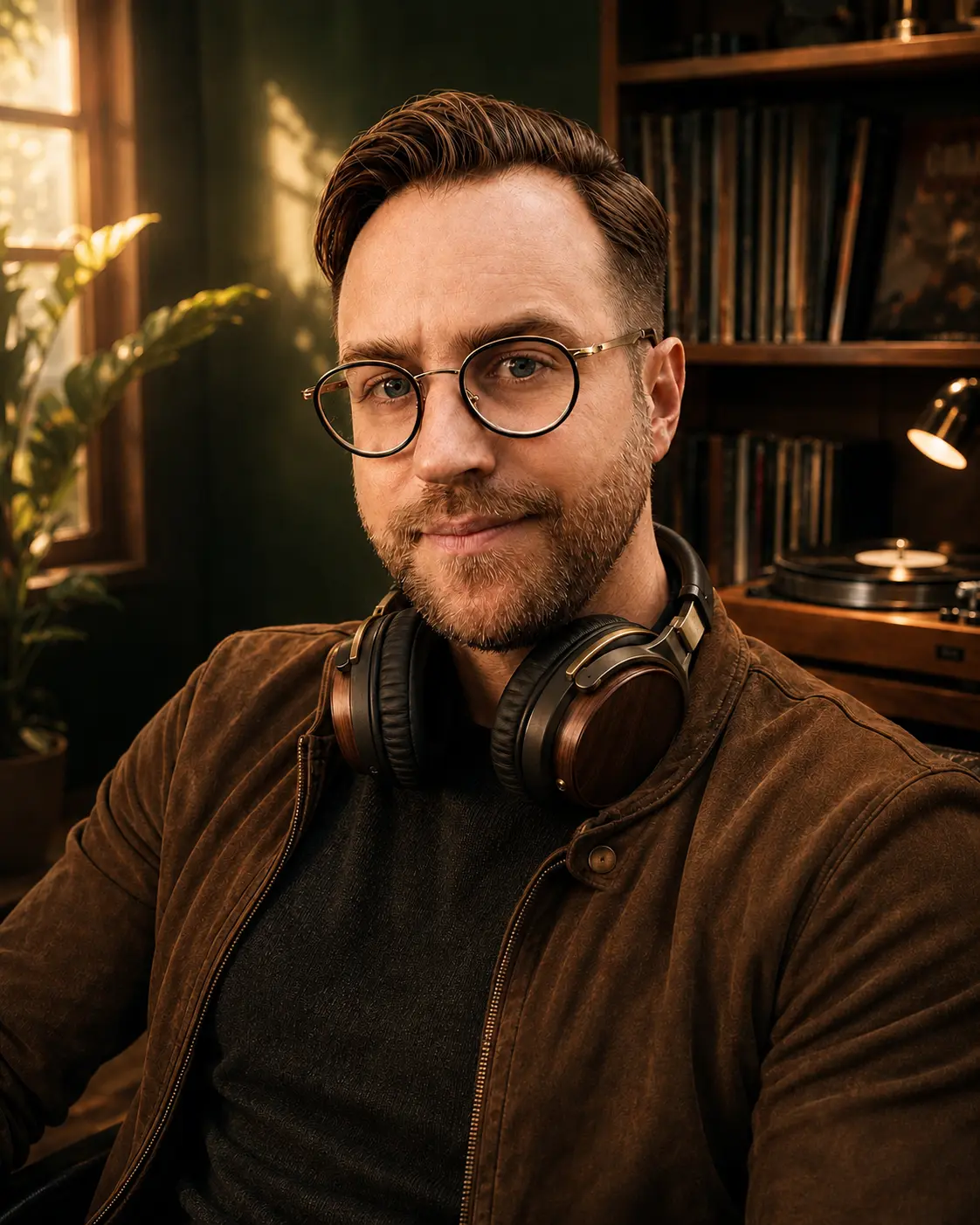 Thomas Lukaschewski wearing studio headphones in a warm, dark-green listening room